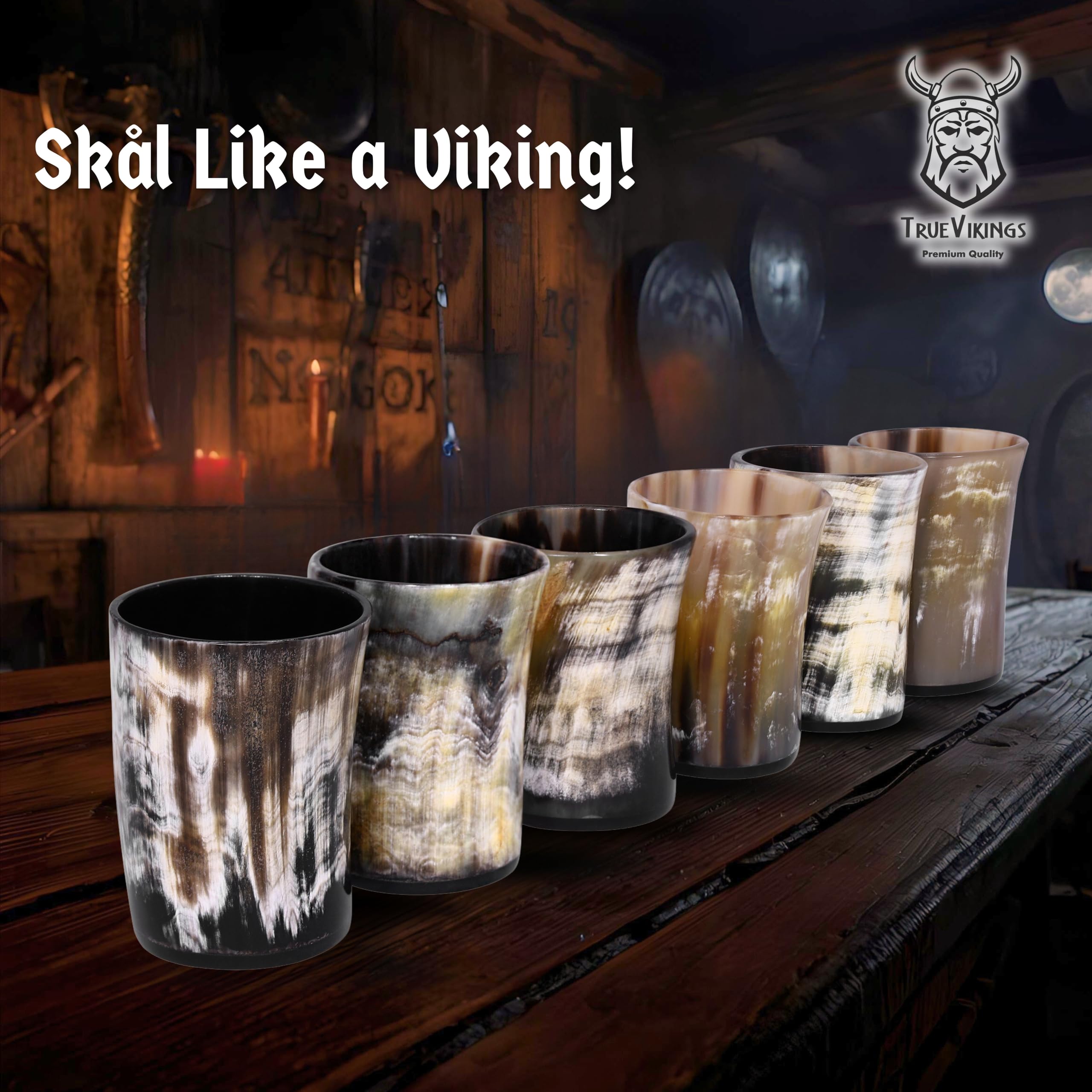 TRUE VIKING Drinking Horn Cup Set of 6 – Unique Viking Gifts for Men, Dad, Husband – Natural Ox Horn Shot Glasses with Thor Bottle Opener & Metal Caddy – Leak-Proof – For Beer, Ale, Mead (5 oz/Glass)