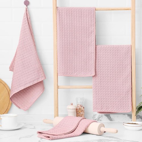 Homaxy Microfiber Kitchen Towels - Ultra Absorbent Waffle Weave | 16 x 28 Inch, 4 Pack, Pink