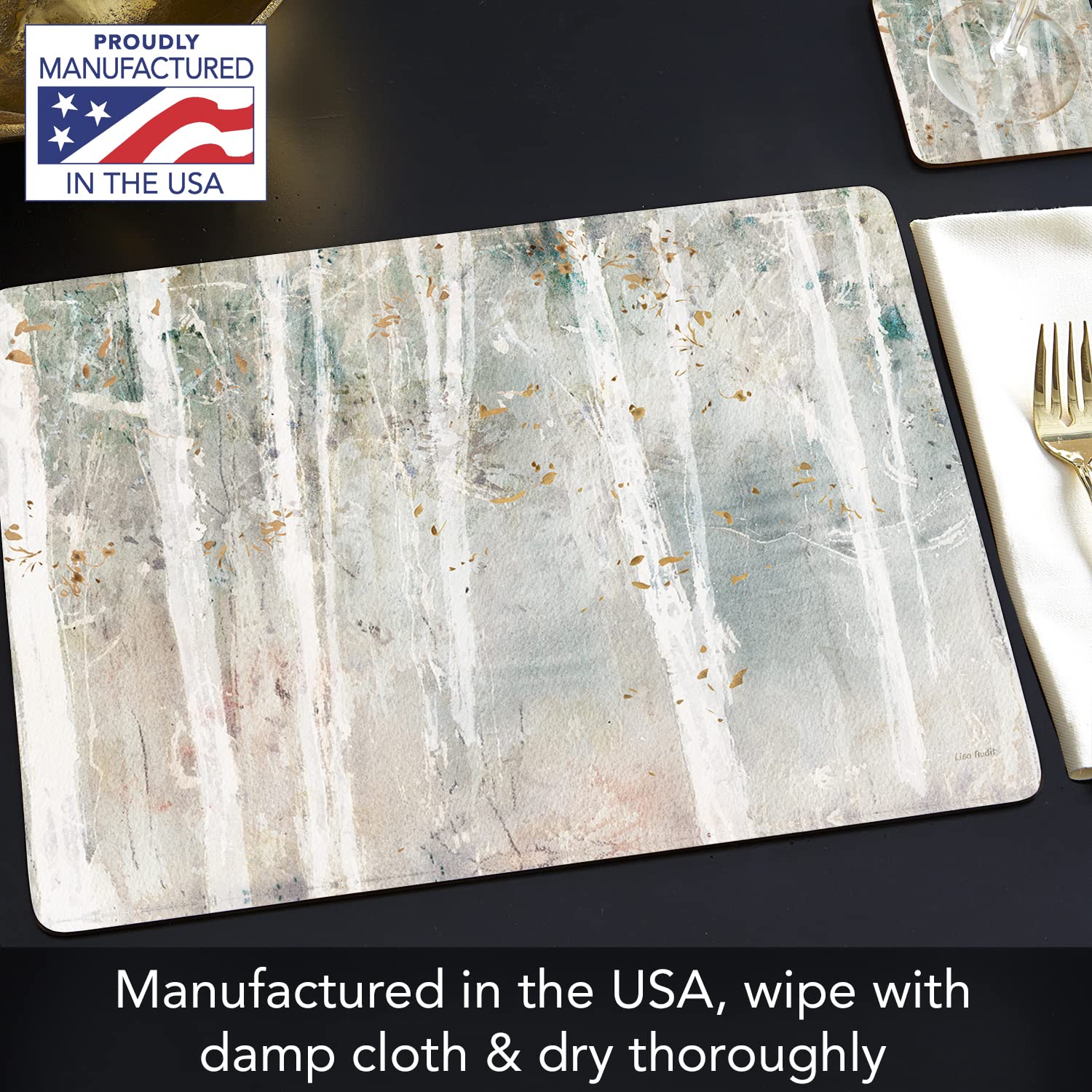 Cala Home Woodland Walk Premium Decorative Hardboard Tabletop Placemats 4-Pack Manufactured in the USA Heat Tolerant and Easily Wipes Clean