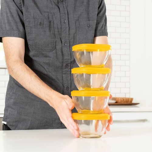 Libbey Serve It 16 Piece 2 Cup Glass Storage Bowl Container Set with Yellow Plastic Lids