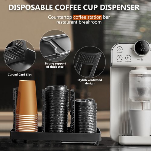 wymulot Paper Cup and Lid Holder, Disposable Coffee Cup Dispenser, 3-Slot Upright Paper Cup Dispenser for Coffee Stations, Kitchens, Bars, Restaurants, Lounges (Black)