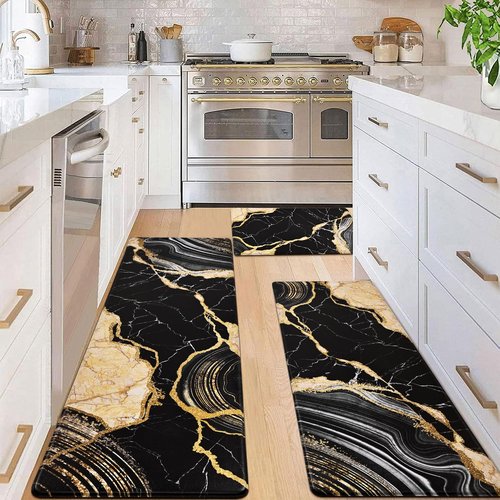 ASPMIZ 3 Piece Marble Kitchen Runner Rugs Set, Anti Fatigue Cushioned Kitchen Floor Mats, Black Gold Marble Kitchen Rugs Non Slip, PVC Waterproof Kitchen Mats 18'' x 30'' + 18'' x 48'' + 18'' x 60''