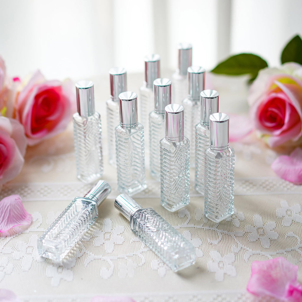 YU FENG 12pcs Perfume Bottles Empty Clear Glass Atomizer Spray Bottles Empty Refillable for Perfume Essential Oil,Packed with Funnels Pipettes Dispensers Engraved Taj Mahal Style（13ml）