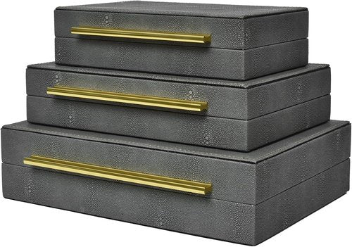 DECOR4SEASON Faux Shagreen Storage Boxes - Set of 3 Stackable Jewelry Organizers with Gold Handles & Velvet Lining, Modern Grey Design for Vanity & Entryway Decor