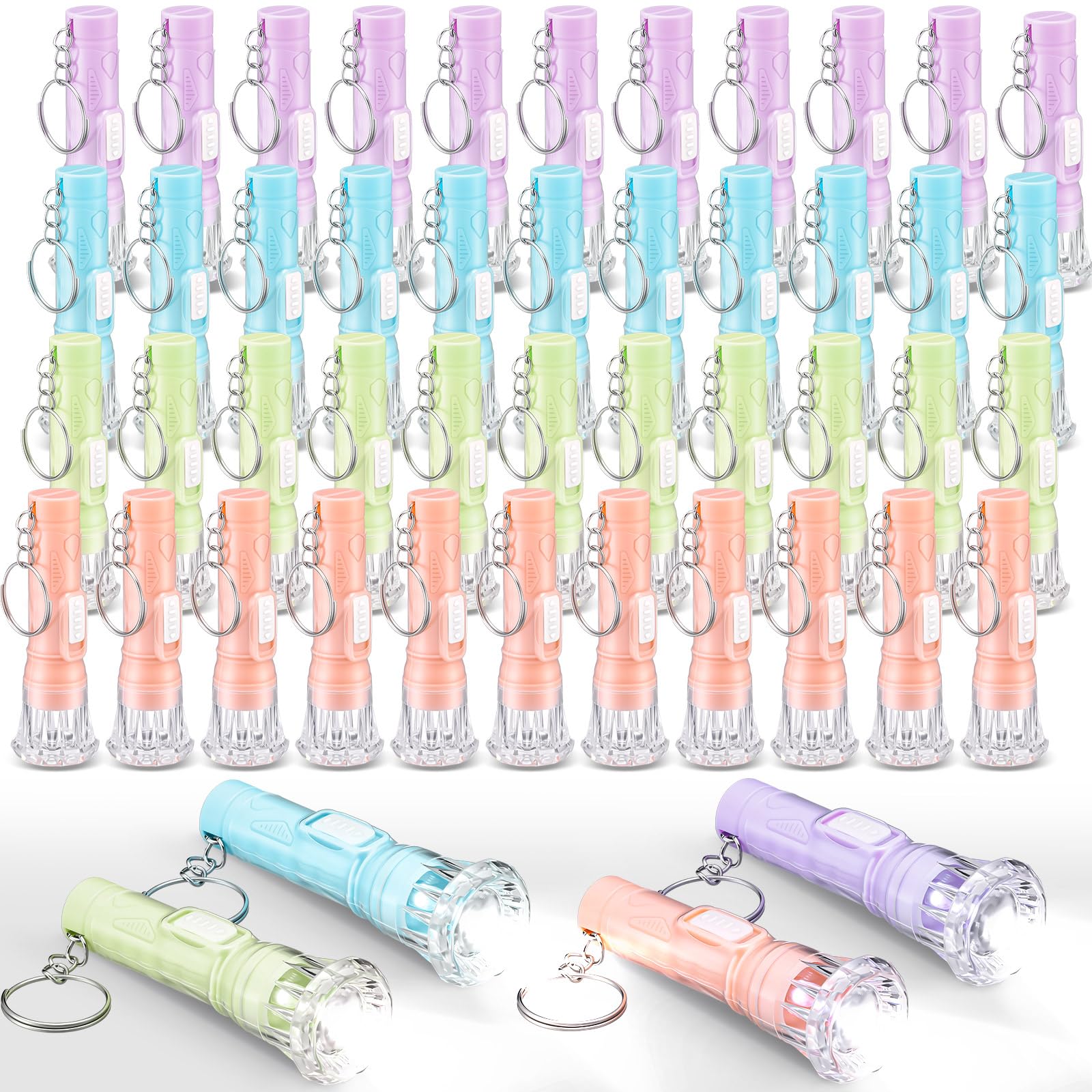 Jexine 50 Pcs Mini Flashlight Keychains Bulk with Lanyard Portable Small Plastic LED Key Chains Flashlights for Night Reading Emergency Hurricane Camping Hiking Party Favors(Pastel Color,Simple)