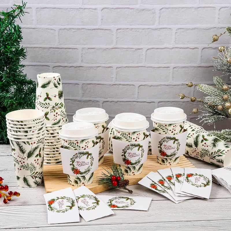 12oz Christmas Holly Berry Disposable Coffee Cups with Lids & Sleeves