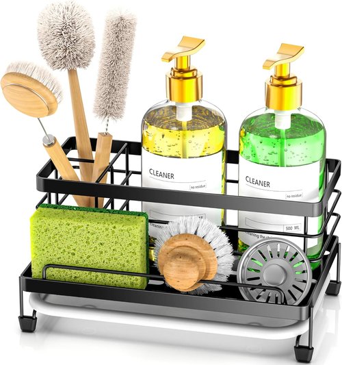 Cisily Large Black Kitchen Sponge Holder - Rustproof Sink Organizer with Drip Tray | Essential Home Accessory