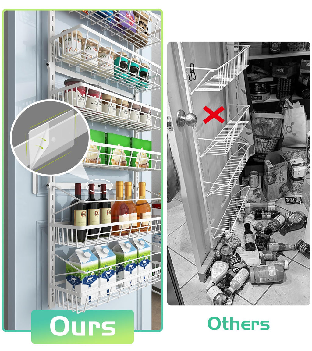 Mefirt Over The Door Pantry Organizer, Wall Mount Spice Rack, Pantry Hanging Storage and Organization, 6 Adjustable Baskets Heavy-Duty Metal for Home & Kitchen, Back of Door Seasoning Rack - White