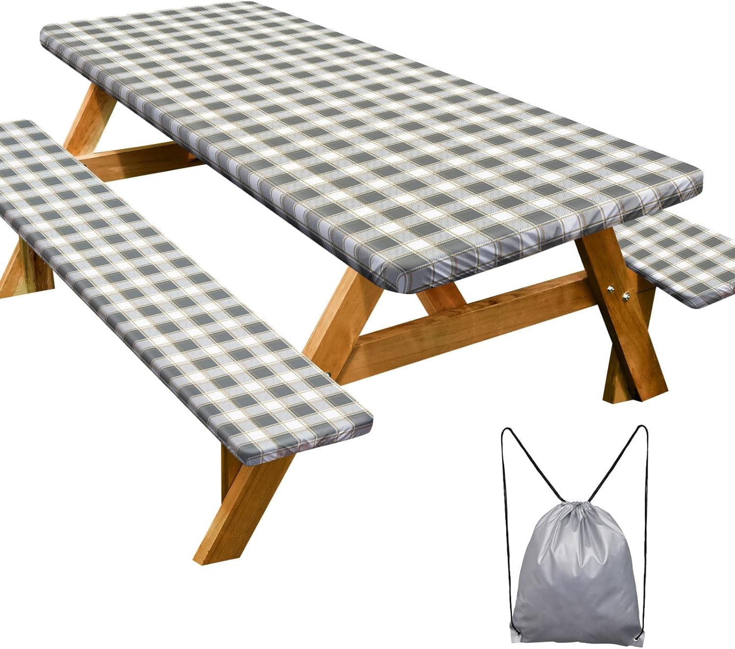 Picnic Table Cover - Waterproof & Windproof with Bench Covers | Fitted Rectangle 72in, Gray White
