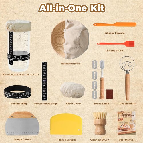 Complete Bread Proofing Basket Kit - All-in-One Sourdough Starter Set with Banneton, Tools & Accessories