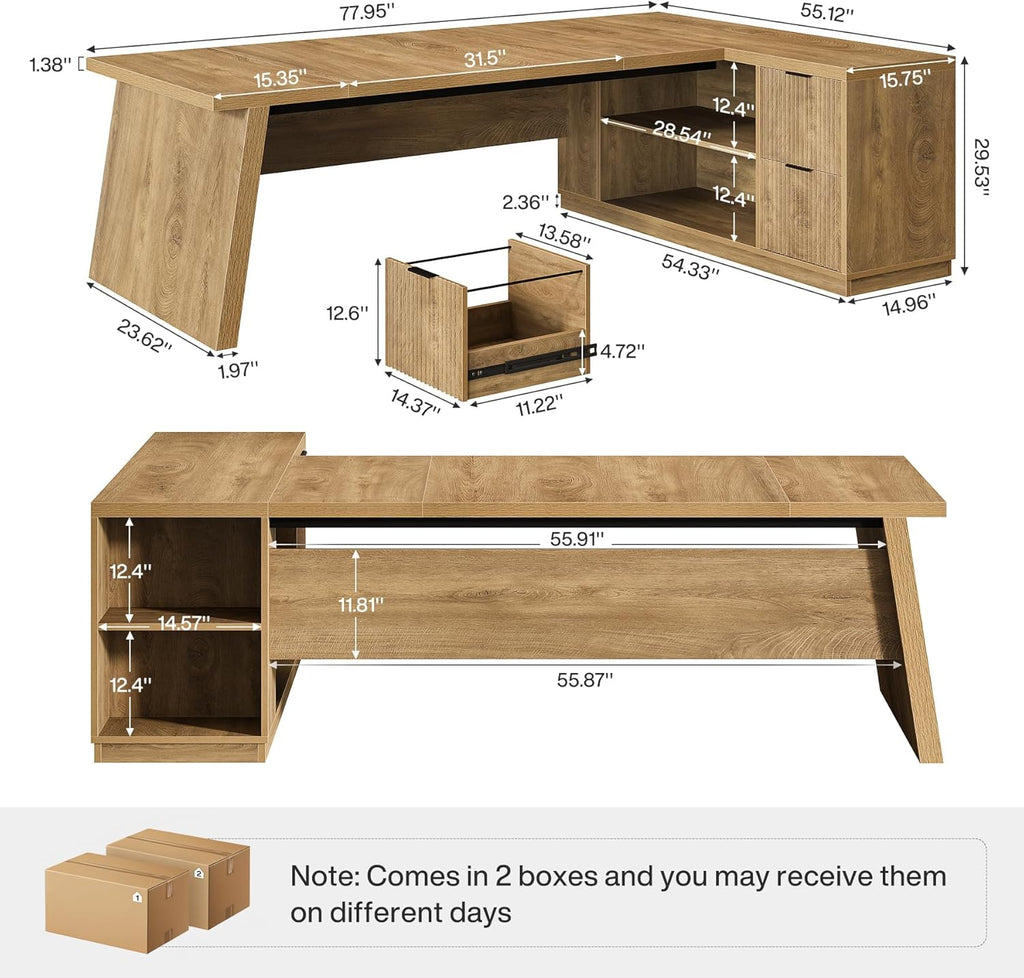 Tribesigns L Shaped Desk - Modern 78" Executive Office Table with Drawers & File Cabinet | Brown