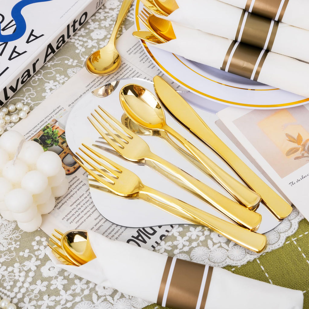 Nervure 400PCS Pre Rolled Gold Plastic Silverware Sets - Heavy Duty Gold Cutlery - Include 100 Pack Wrapped Disposable Utensils with Napkins for Parties, Dinners & Weddings