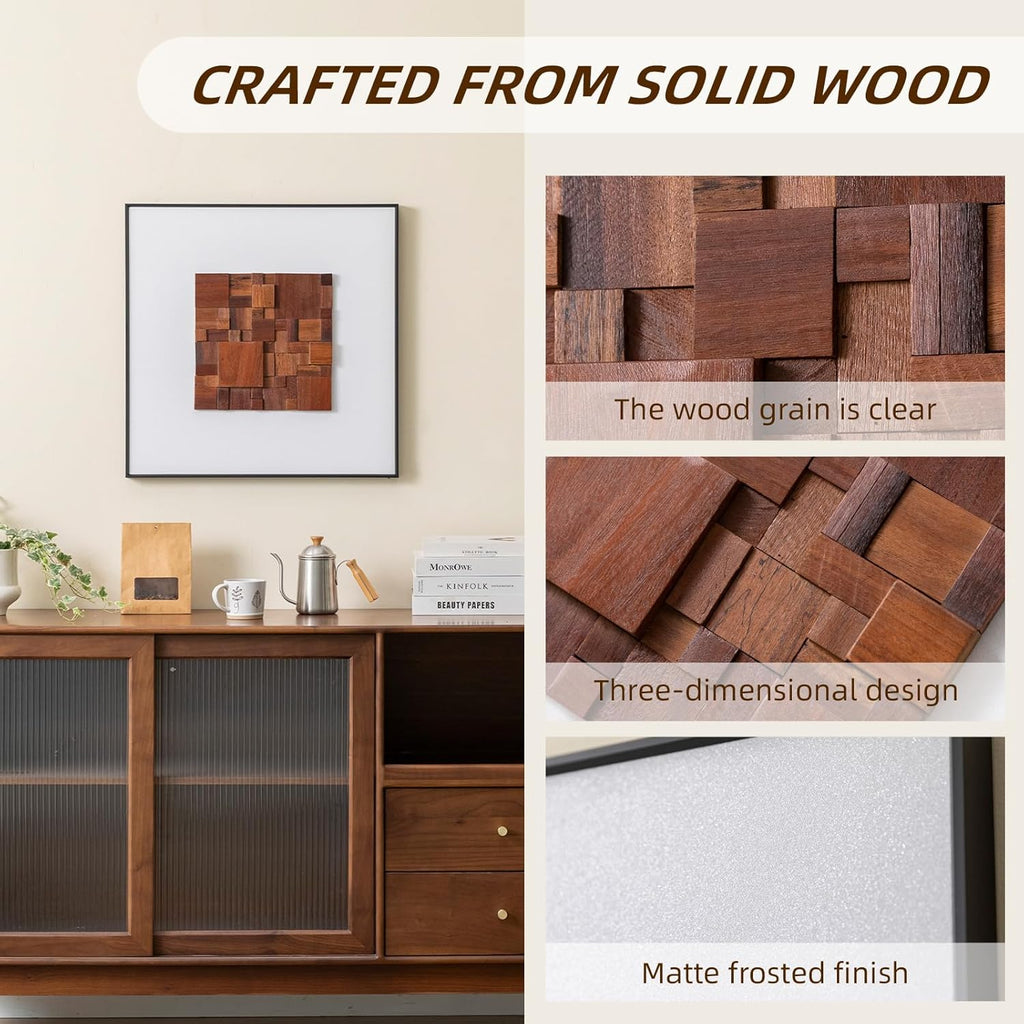 Regine Switzerland 3D Wood Textured Large Framed Abstract Wall Art - Modern Geometric Design, Brown, 24”H x 24”W