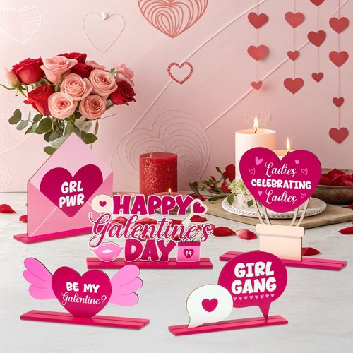 A1diee Galentine's Day Wooden Table Signs Decor- 5Pcs Pink Heart Tiered Tray Centerpieces, Cute Valentine's Day Love Letter Freestanding Table Decoration Signs for Home Happy Galentine Party Birthday