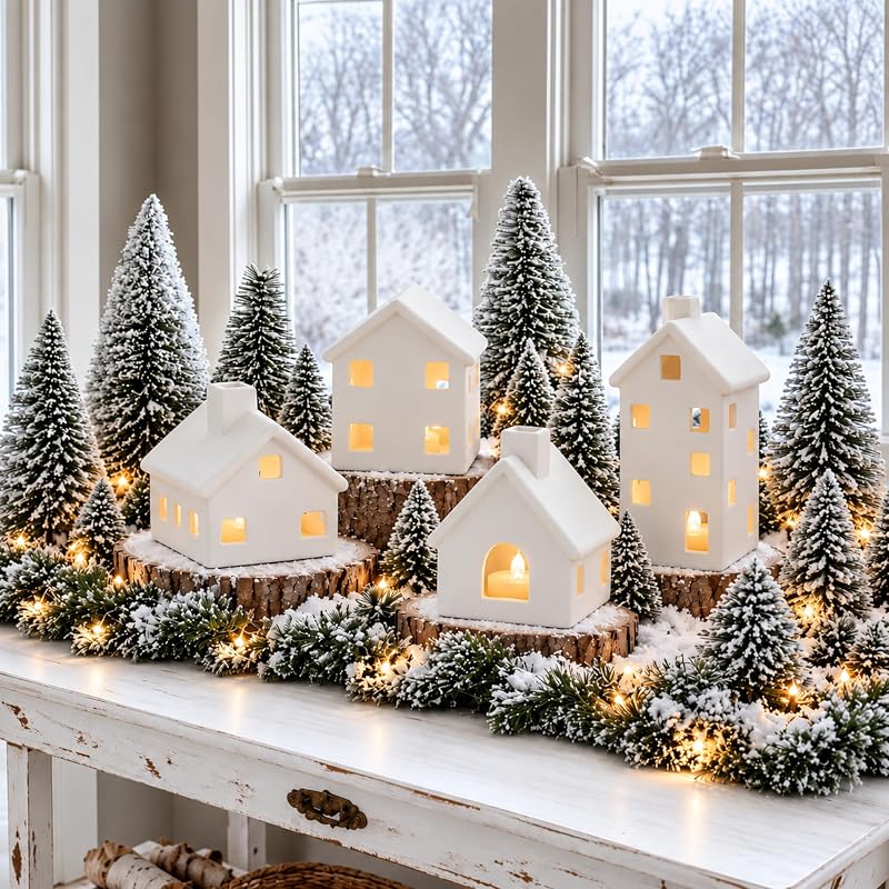Ceramic Christmas Village Houses Set, 4 Piece Mantel Display