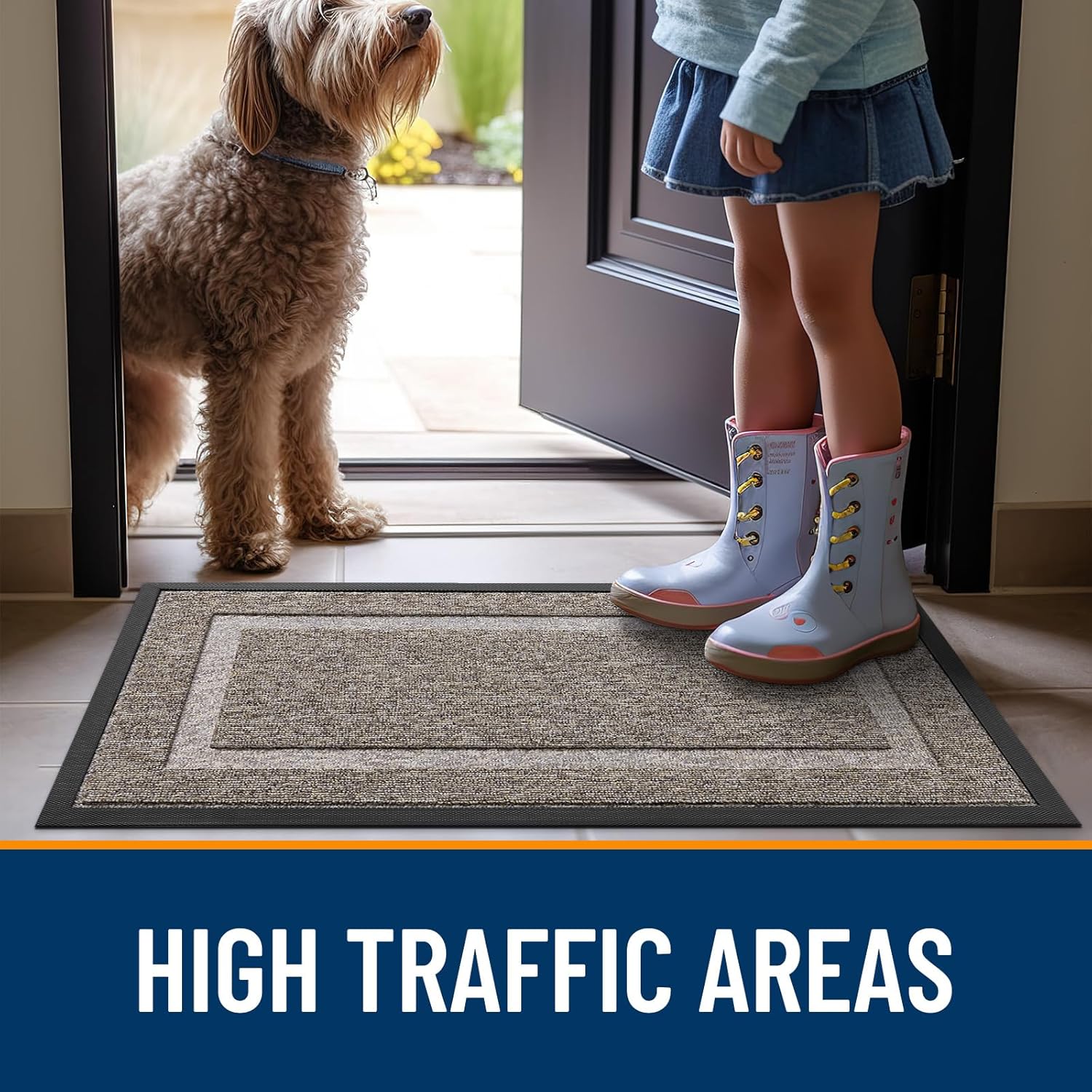 OLANLY Waterproof Front Door Mat - All-Season Indoor/Outdoor Doormat | Sturdy Natural Rubber, 29.5x17, Khaki & White
