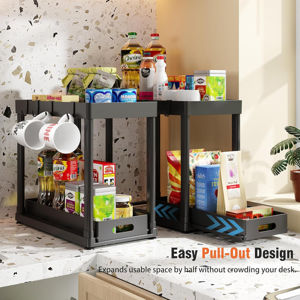 Skiennix Pull-Out Storage Organizers - Multi-Purpose Under Sink Solution for Bathroom & Kitchen | Black, 2 Pack
