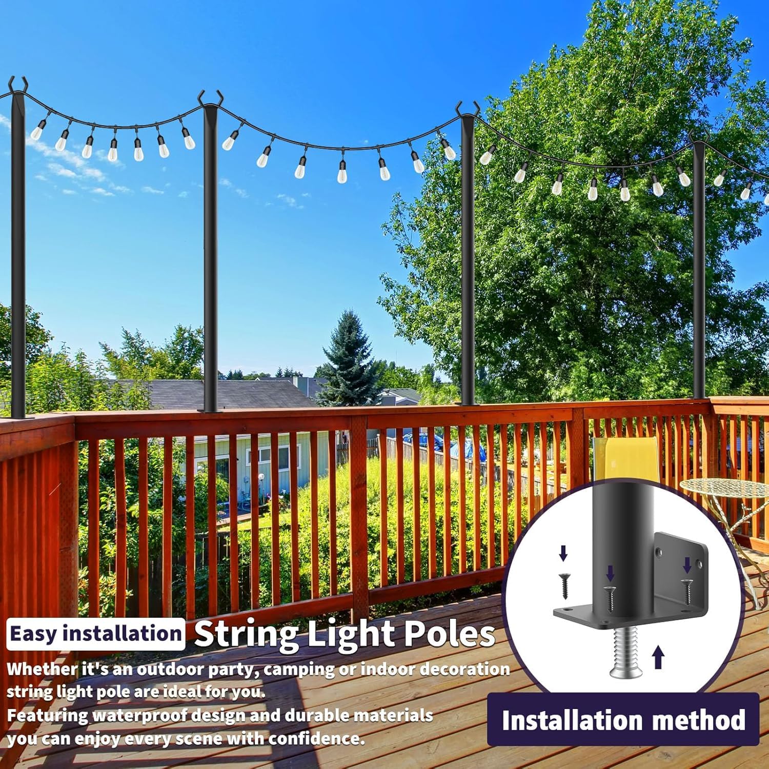 AHRLHR 6 Pack 5 Ft String Light Poles, String Light Poles for Outside with Fixing Clips,Metal Poles for Outdoor String Lights, Hanging Light Poles for Deck Fence Garden Backyard Wall Bistro