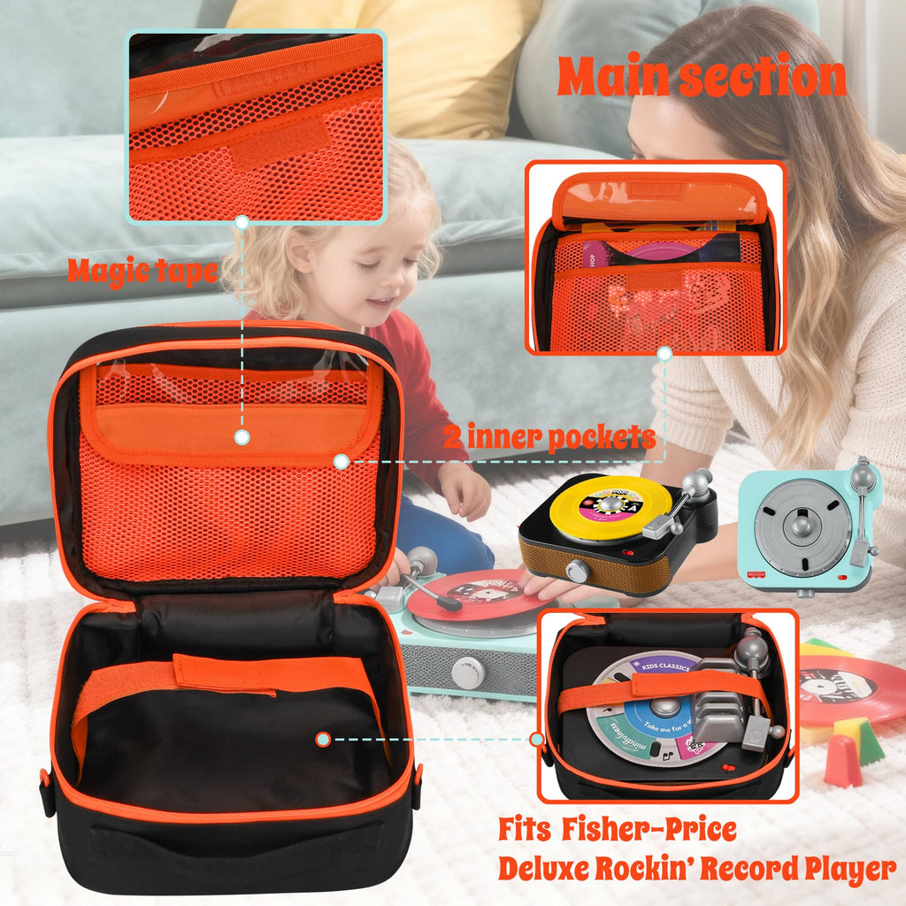 FURIMETY Records Toy Storage Bag Compatible with Fisher-Price Musical Toy Deluxe Rockin Record Player, Carrying Case with Accordion Album Pockets for kids record player, Black
