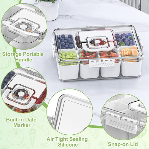 Locliki Chilled Snackle Box Container with Ice Pack, Charcoolerie Chilled Portable Serving Tray with Lid and Handle， 8 Compartment Snack Container for Charcuterie Snack Road Trip Picnic Keep Fresh