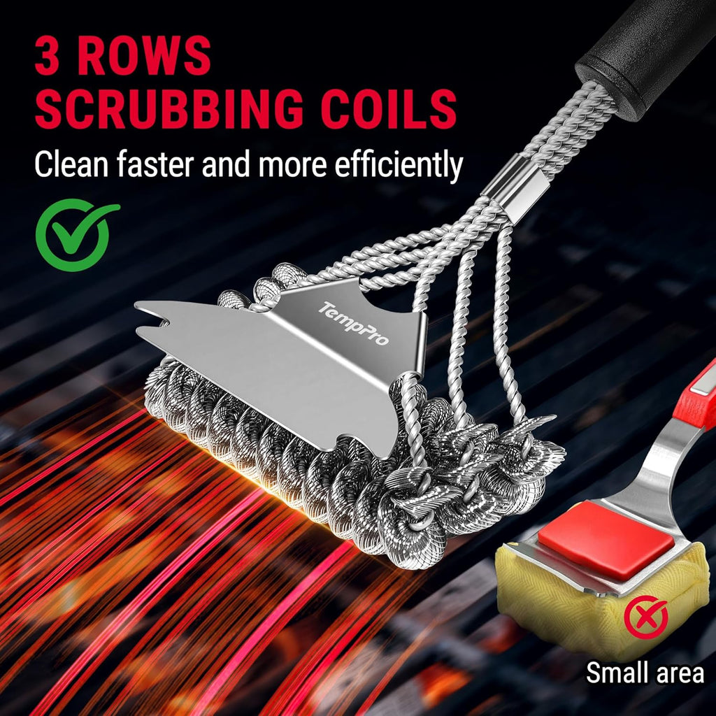 TempPro BBQ Grill Brush - Bristle-Free Stainless Steel Cleaner for Safe Grilling | Ideal BBQ Accessory