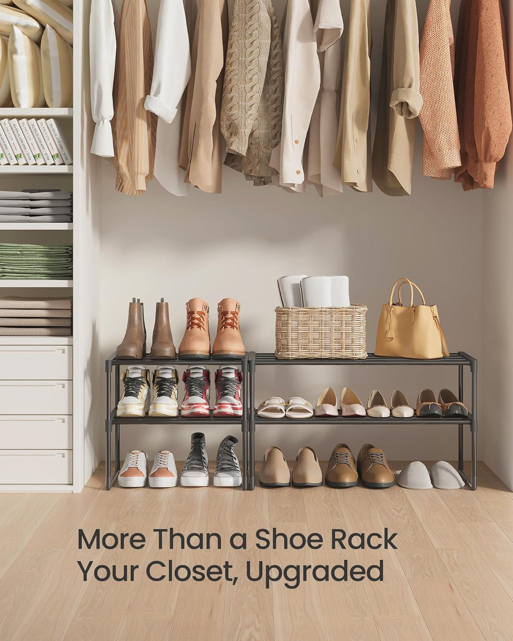 SONGMICS 2-Tier Shoe Rack - Stackable Metal Organizer for 3-6 Pairs | Black, 11.8 x 16.7 x 14.8 Inches