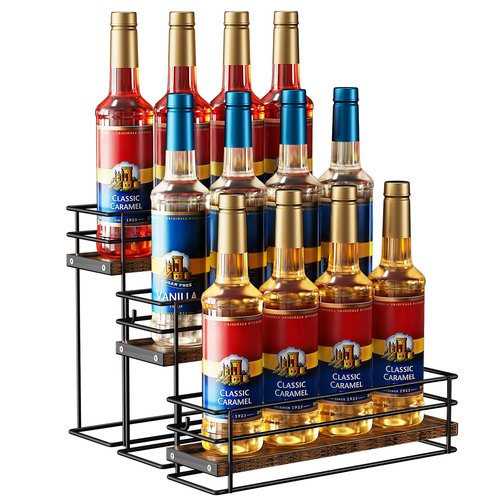 Nuovoware Coffee Syrup Organizer, 3-Tier 12 Bottles Bar Organizer, Separable Metal Rack with Wooden Base Whiskey Wine Dressing for Countertop Kitchen Coffee Bar, Black