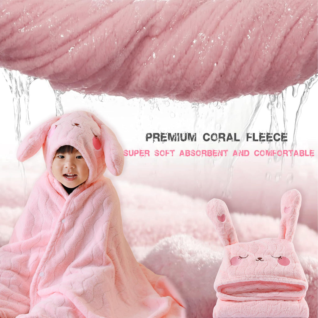 BEFACL Hooded Towel for Kids, 2 Pack Ultra Soft Coral Fleece Kids Bath Towels, Absorbent Toddler Towels with Hood Age 0-10 Years for Infant, Kids - Large 27.5 X 55 inch (Pink Rabbit & Green Dinosaur)
