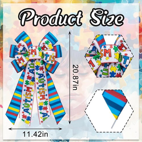 ABTOLS Large Autism Awareness Bows - Colorful Burlap Wreath Bow for Front Door Decor | Perfect for Fundraisers & Support Groups