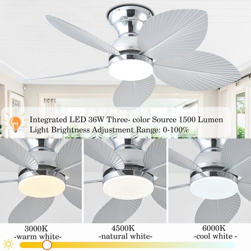 GJeg Tropical Ceiling Fans with Light, 38-inch Flush Mount Palm Leaf Ceiling Fans for Bedrooms, Indoors and Outdoors, Remote Control/APP Control, 6-Speed, Dimmable, Reversible,Chrome