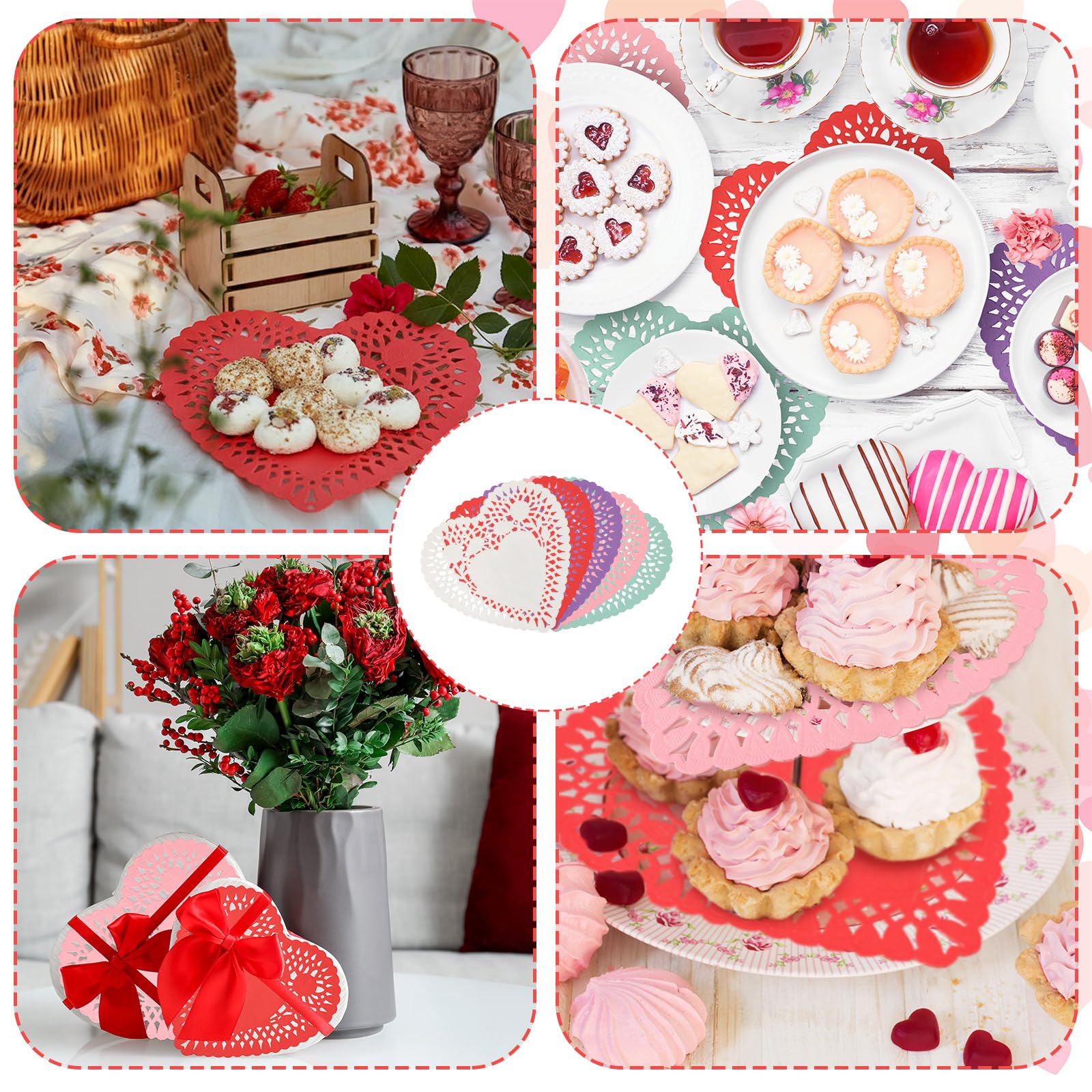 Potchen 200 Pcs 10 Inches Valentine's Day Heart Shaped Doilies Large Lace Paper Doilies Tableware Decoration Disposable Paper Placemats for Wedding Birthday Cake Dessert Kitchen Table Crafts 5 Colors