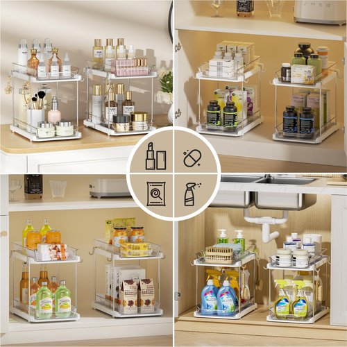 Delamu 2 Tier Bathroom Under Sink Organizers and Storage with Hook, Multi-Purpose Cabinet Drawers with Movable Dividers, Pull Out Organization for Countertop, Kitchen and Pantry(White, 4 Pack)