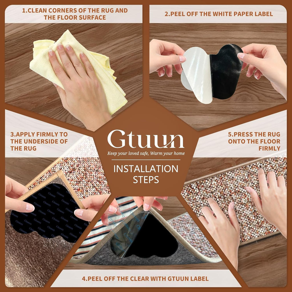 Skiennix Non-Slip Rug Grippers - Dual-Sided Adhesive Carpet Pads for Hardwood & Tile Floors | 8 PCS