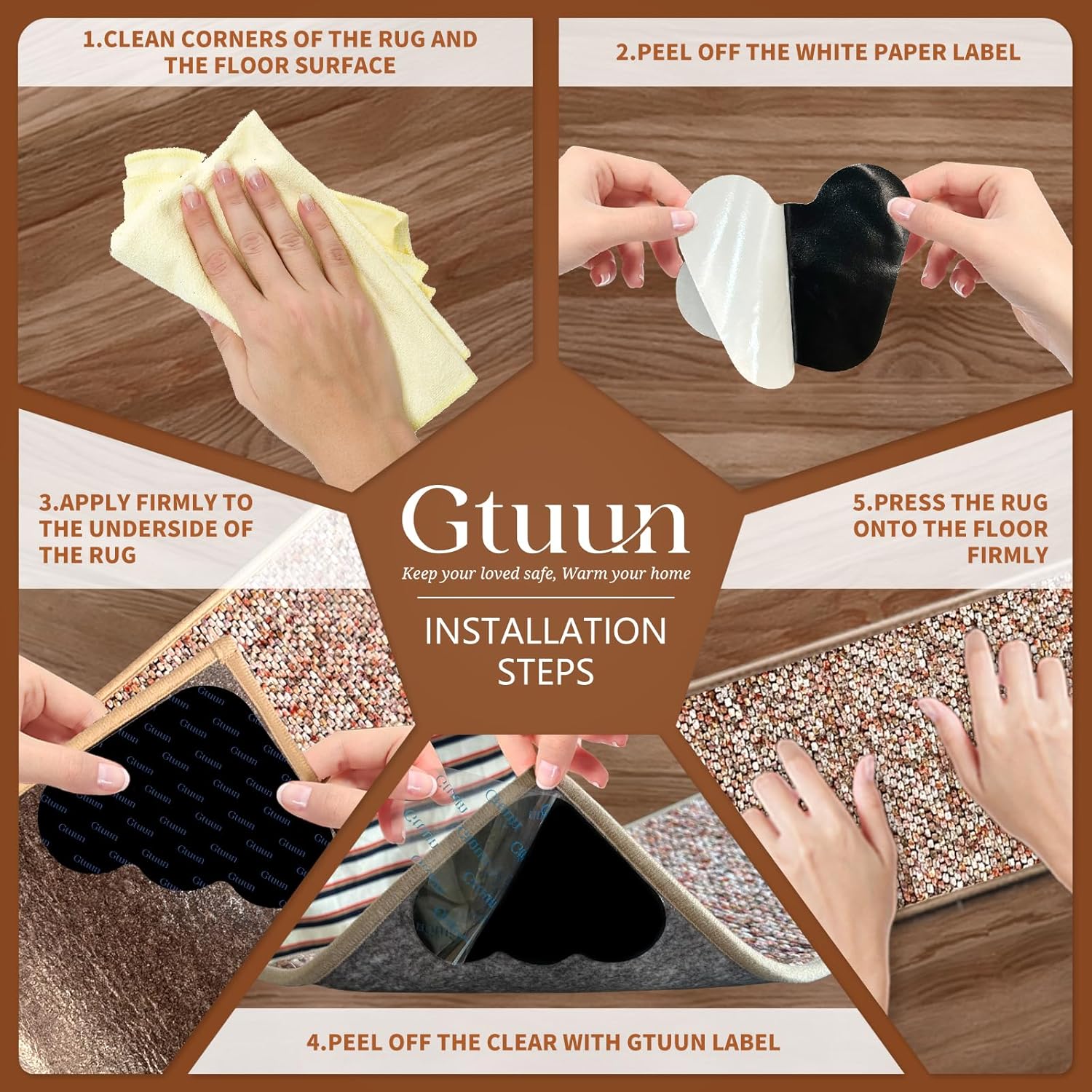 Skiennix Non-Slip Rug Grippers - Dual-Sided Adhesive Carpet Pads for Hardwood & Tile Floors | 8 PCS