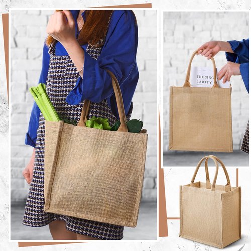 Saintrygo 12 Pcs Burlap Jute Tote Bags with Handle Reusable Blank Bridesmaid Gift Bags for Shopping Wedding DIY, 12x12x7.7In(Jute)