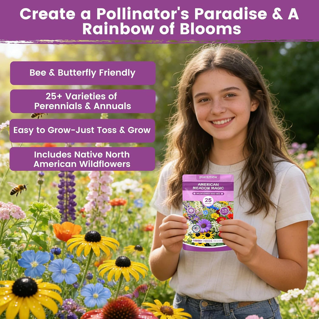 Wildflower Seeds Bulk Mix - 10,000+ Non-GMO Perennial & Annual Seeds for Hummingbirds | Texas, California & Florida Native Varieties