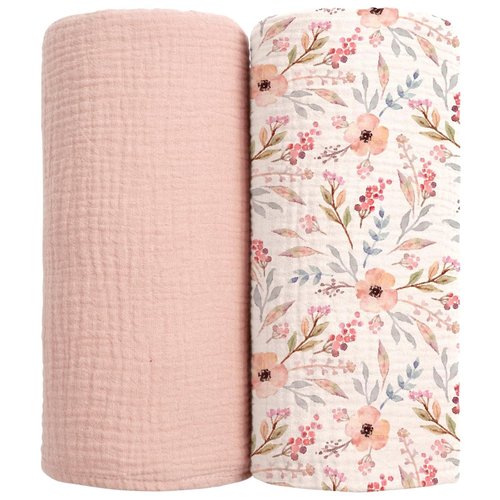 LuluMoon Muslin Swaddle Blankets - Soft Floral Print Receiving Blankets for Newborn Girls | Pink Flower Design