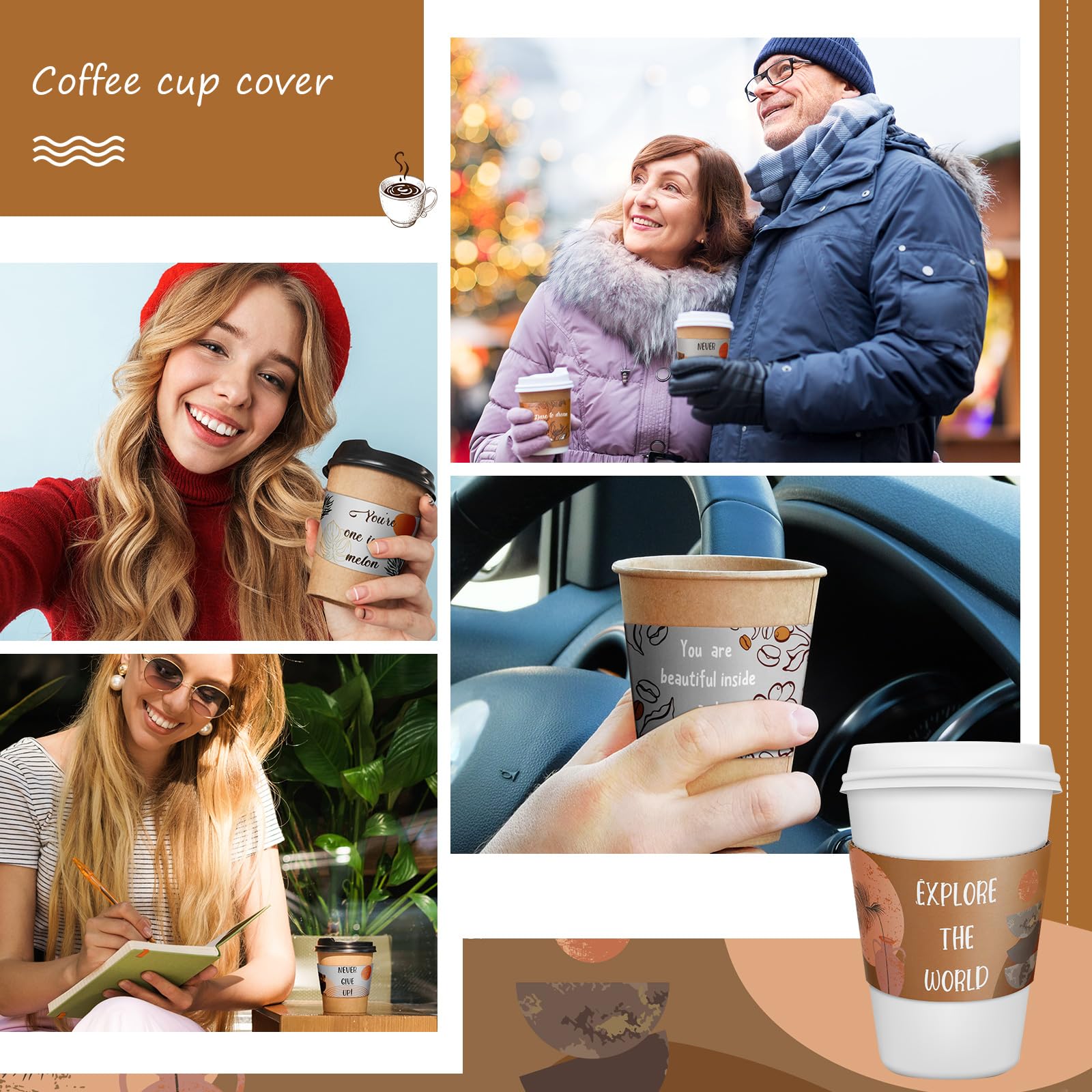 Dingion 200 Pack Coffee Cup Sleeves Corrugated Cardboard Motivational Disposable Sleeve for Inspiring Cold or Hot Beverage Chocolate Coffee Tea, Fits 12oz 16oz Paper Cups