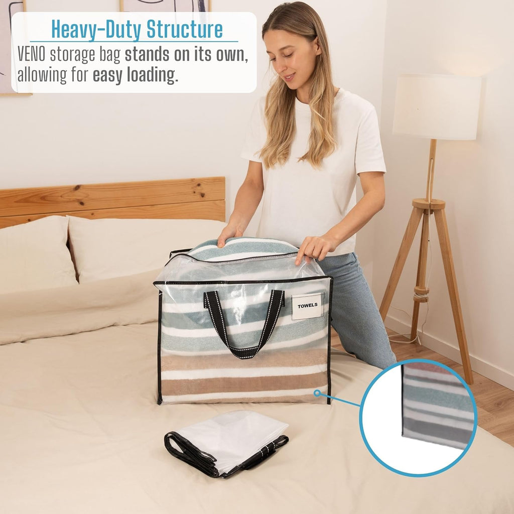 VENO Heavy Duty Moving Bags - 4 Pack Clear Storage Totes for Camping, Clothes & Bedding (13 Gallon)