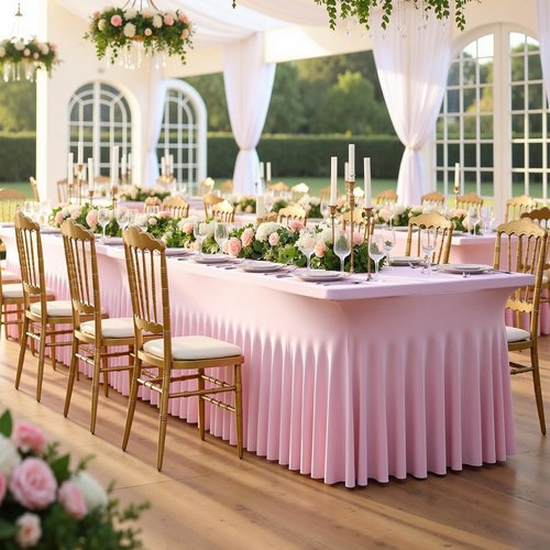 NSSONBEN 4 pk Baby Pink Spandex Tablecloth 6ft with Ruffle Table Skirt, Wrinkle Free Stretchy Fitted Tablecloths for 6 Foot Rectangle Tables, Elastic Spandex Table Covers for Weddings Parties Banquet