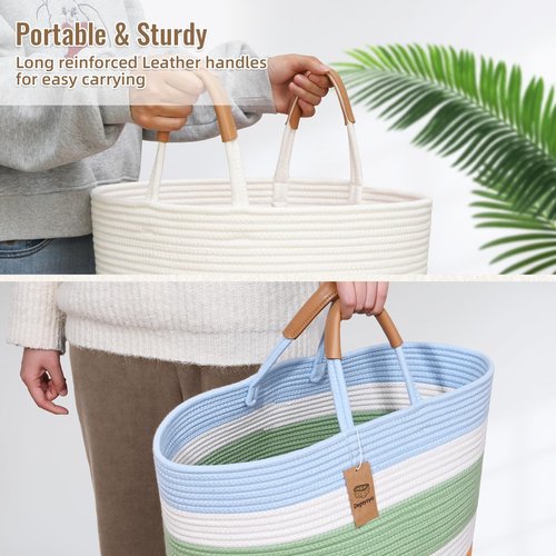 Degeyoyo 60L Striped Laundry Basket, Rainbow Laundry Hamper with Leather Handles, Woven Cotton Rope Storage Bin for Blankets, Nursery Hamper for Clothes, Toys In Bathroom, Livingroom, Bedroom