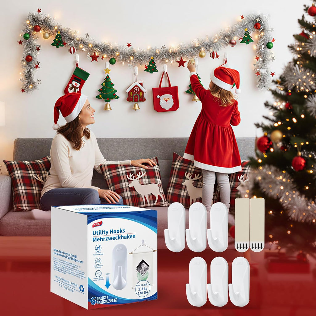 TAILI Heavy-Duty Hooks for Hanging | 6 Plastic Sticky Hooks with 8 Adhesive Strips - White, No Damage, Removable & Reusable