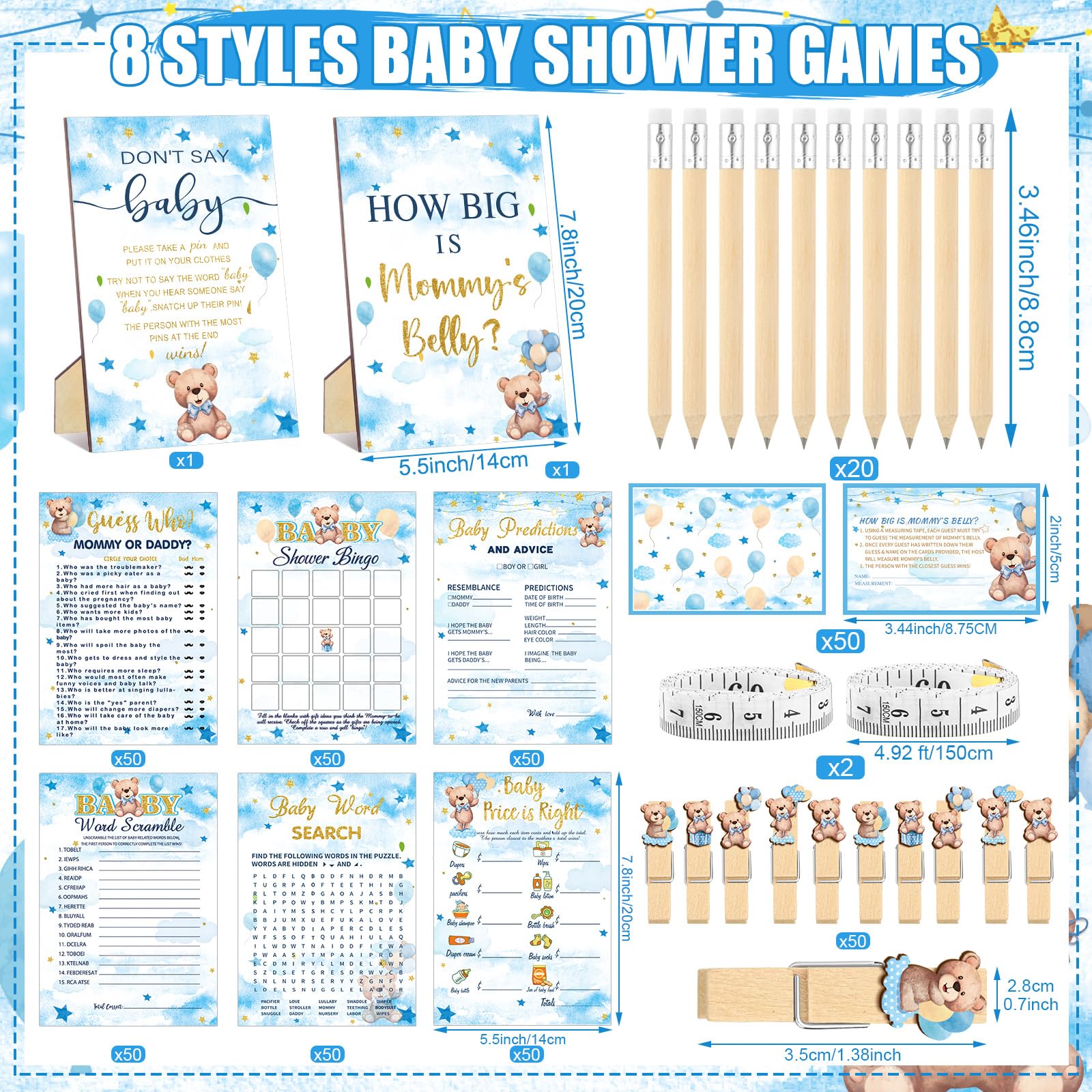 Funnymoom 426 Pcs Blue Theme Bear Baby Shower Decorations Games Set-8 Games Includes Bearly Wait Baby Shower Decorations Bingo Prediction and Advice How Big is Mommy's Belly Don't Say The Words