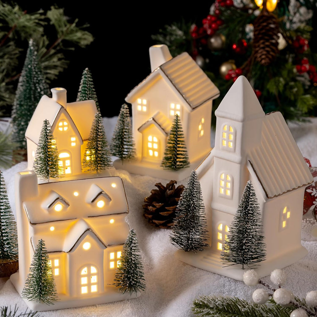Skiennix Ceramic Christmas Village Set - 4 Pcs LED Porcelain Houses with Xmas Trees | White Snow Scene Decor