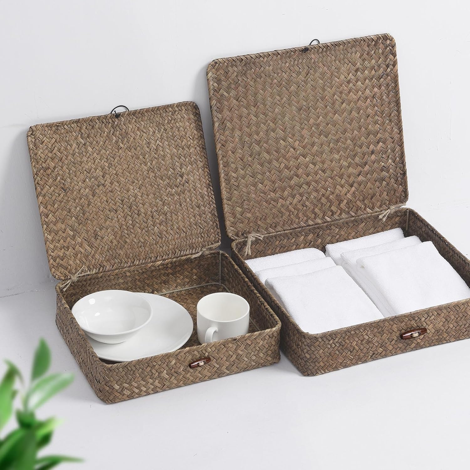 Seagrass Storage Bins Set of 2 - Woven Organizing Baskets with Lids for Home & Office (Coffee)