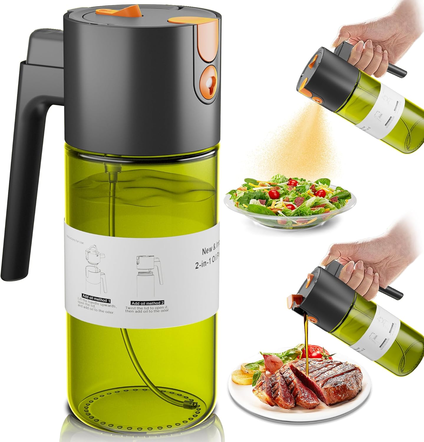 OURCABECUE 2-in-1 Oil Sprayer - 17oz Light-Blocking Glass Olive Oil Dispenser for Cooking | Food-Grade Mister with 8 Stickers (Green Bottle)