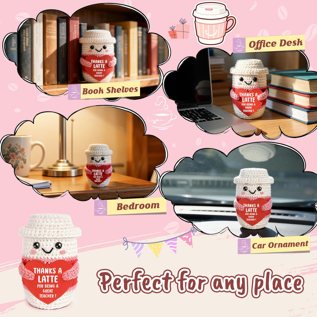 Weming Teacher Appreciation Gifts for Women Teachers, Handmade Crochet Latte Figure with “Thanks A Latte for Being a Great Teacher” Message Sign, End of Year Thank You & Retirement Gift from Students
