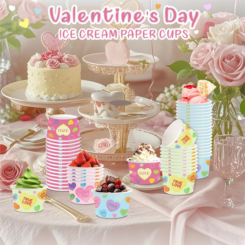 LANCU 60PCS Valentine Paper Ice Cream Cups 8oz Disposable Bowls Conversation Hearts Valentine Treat Snack Cups Pink Bowls for Hot or Cold Food Valentine Party Decor