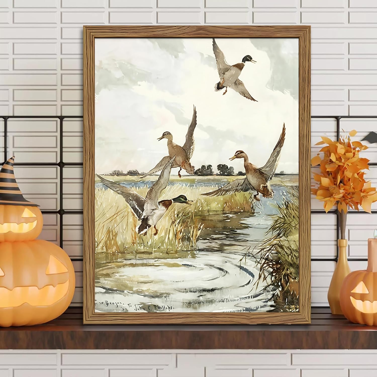 Wood Framed Vintage Duck Wall Art - Retro Mallard Duck Wildlife Decor | 8x10 Inch Rustic Hunting Print