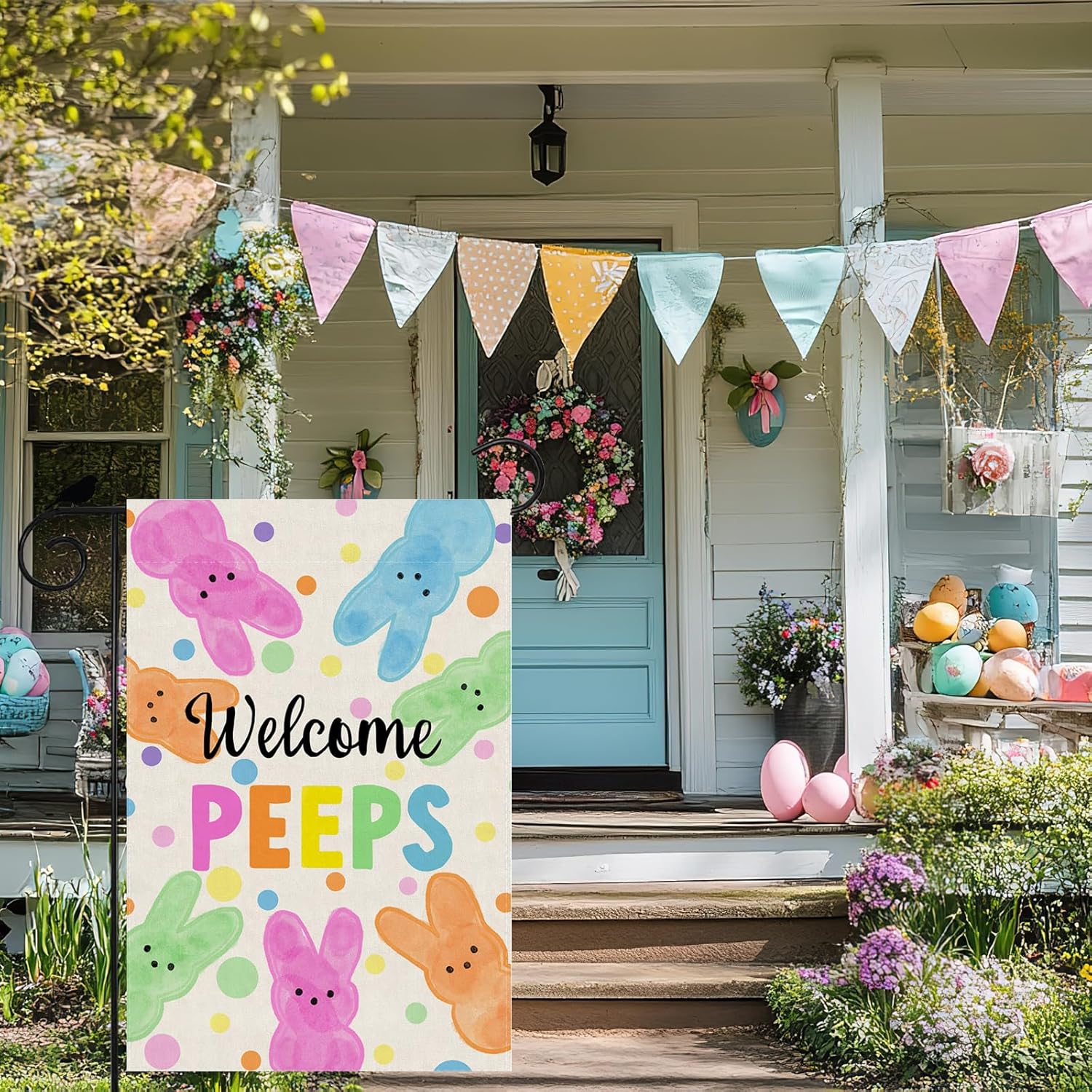 Welcome Easter Garden Flag - Colorful Dots Cute Bunny Watercolor Design | 12x18 Inch Double-Sided
